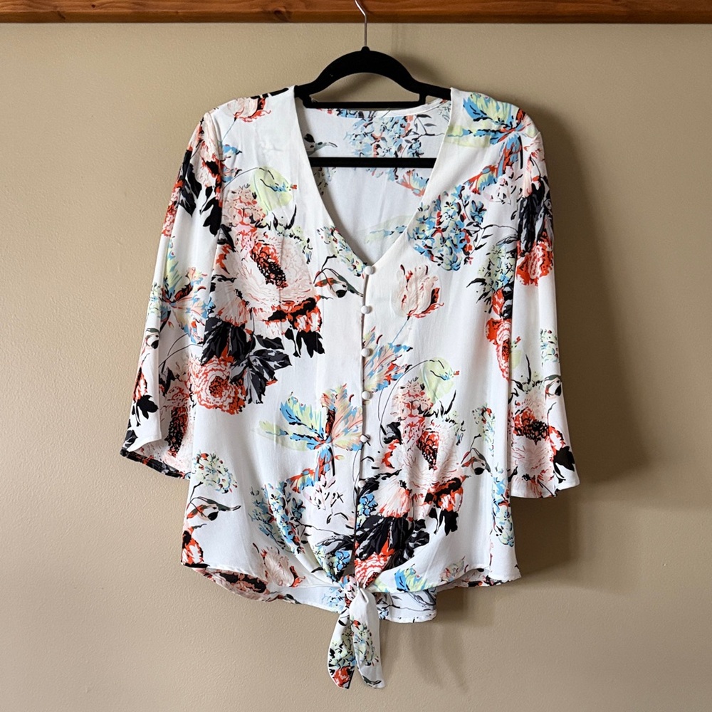 V-Neck Tie-Front Floral Blouse - White Multi